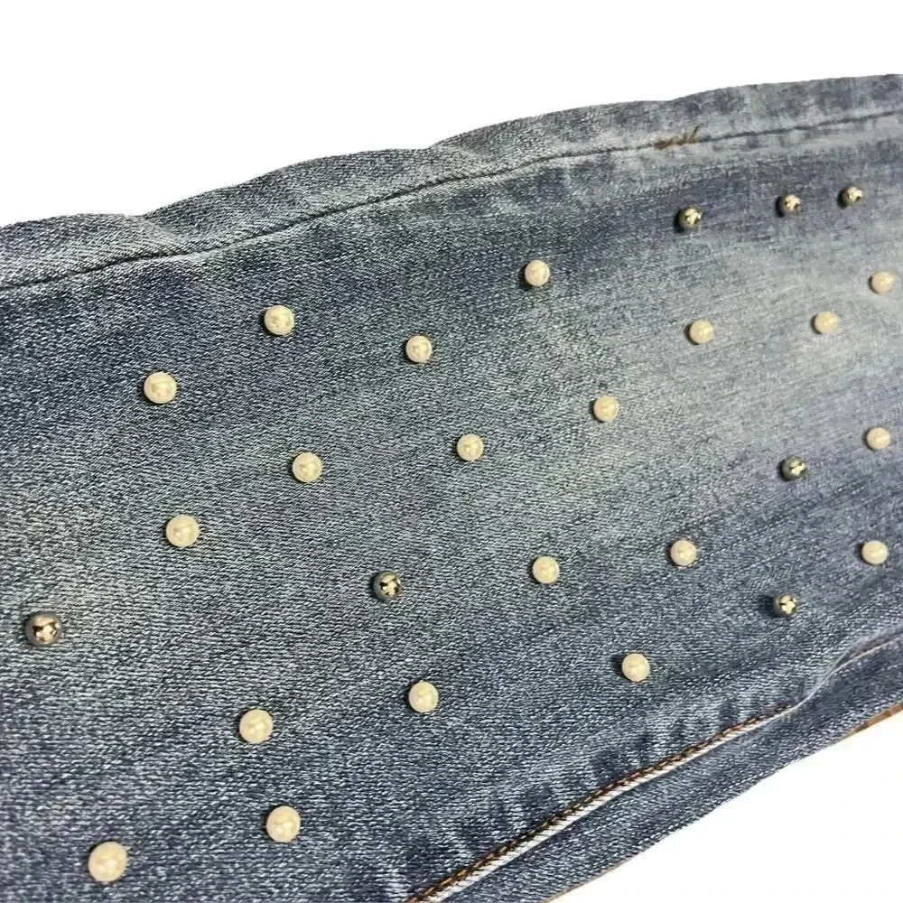 Skinny Fries Jeans Size 07 Blue Rhinestone Pearl Distressed Raw Hem Denim - Picture 7 of 9